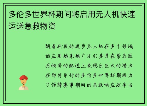多伦多世界杯期间将启用无人机快速运送急救物资
