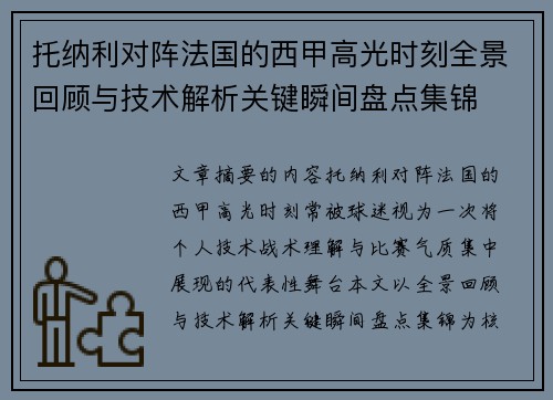 托纳利对阵法国的西甲高光时刻全景回顾与技术解析关键瞬间盘点集锦